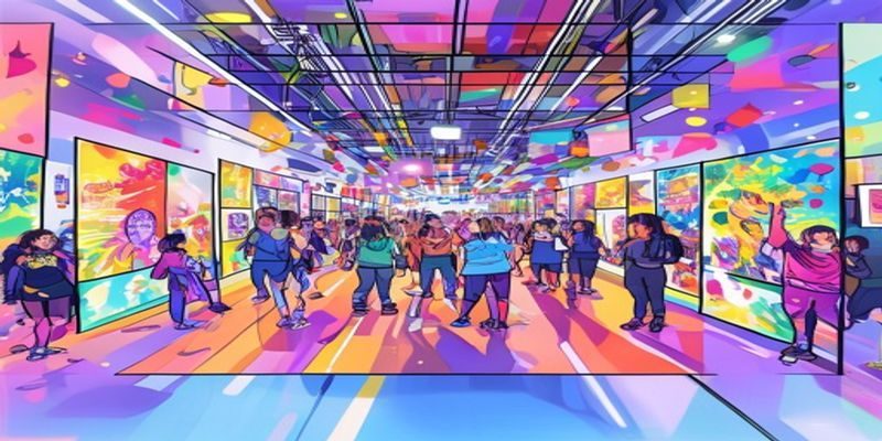 萌漫社2026年度同人创作大赛启动现场，色彩缤纷的漫画展板与热情参与的二次元爱好者，充满青春活力与创作热情